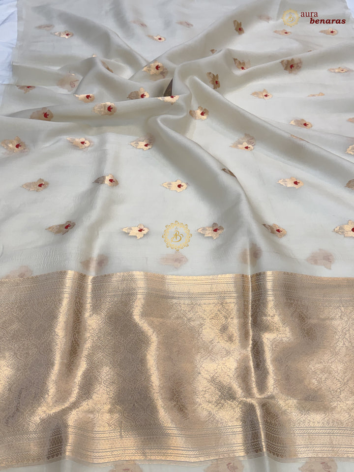 Off White Kora Silk Banarasi Saree with Sona Rupa Butis