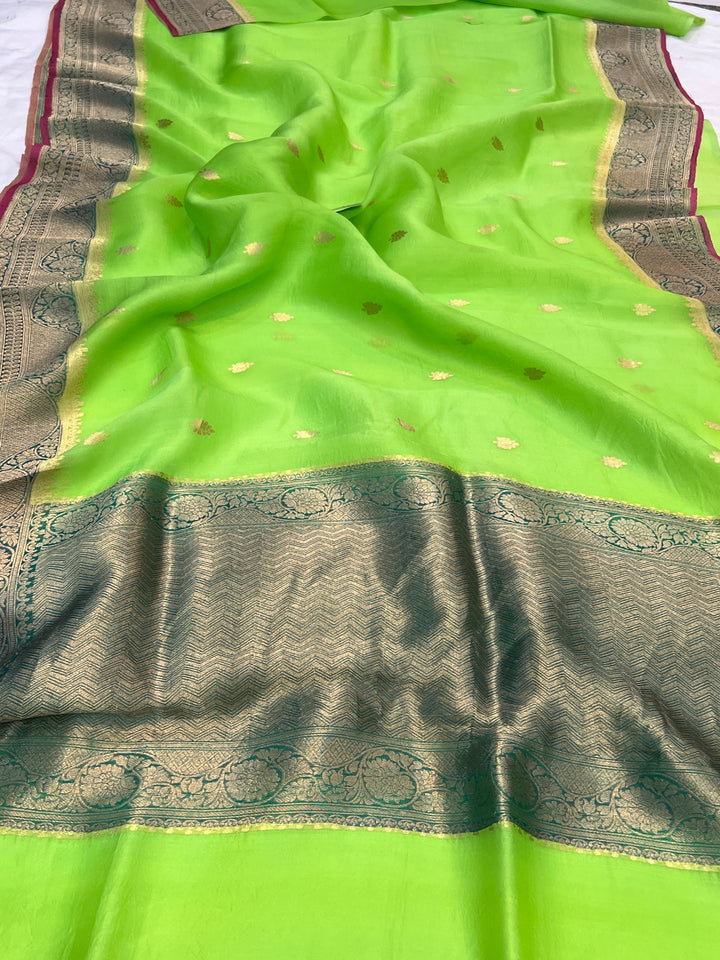 Parrot Green Banarasi Handloom Kora Silk Saree