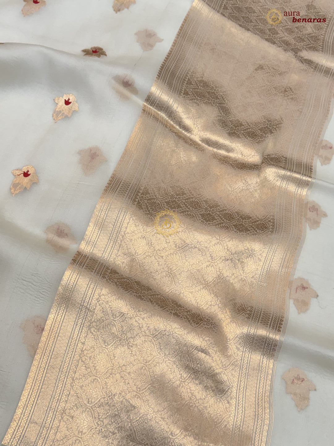 Off White Kora Silk Banarasi Saree with Sona Rupa Butis