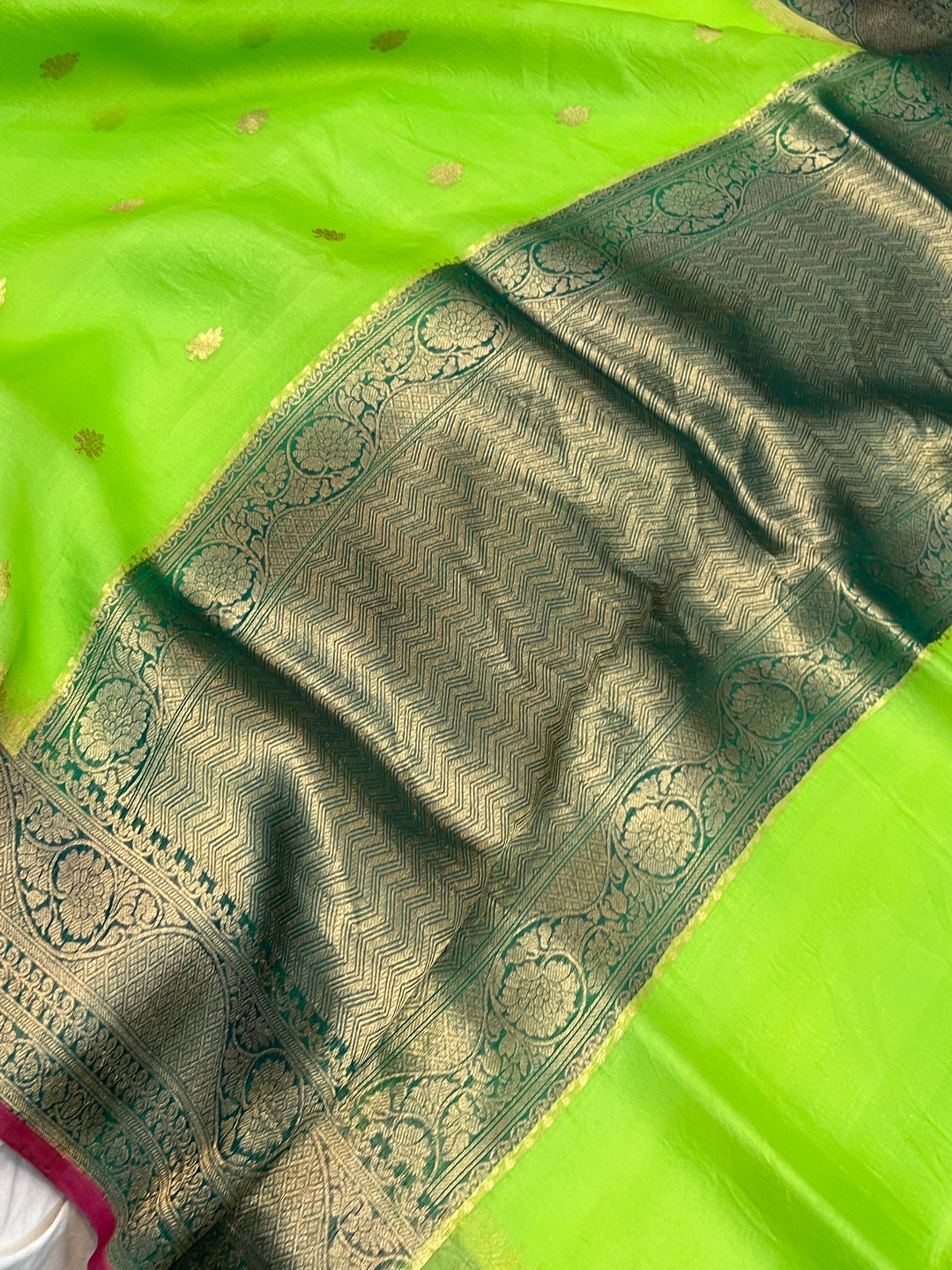 Parrot Green Banarasi Handloom Kora Silk Saree