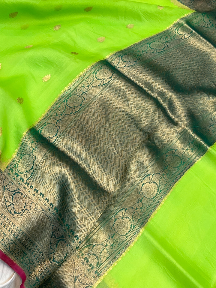 Parrot Green Banarasi Handloom Kora Silk Saree