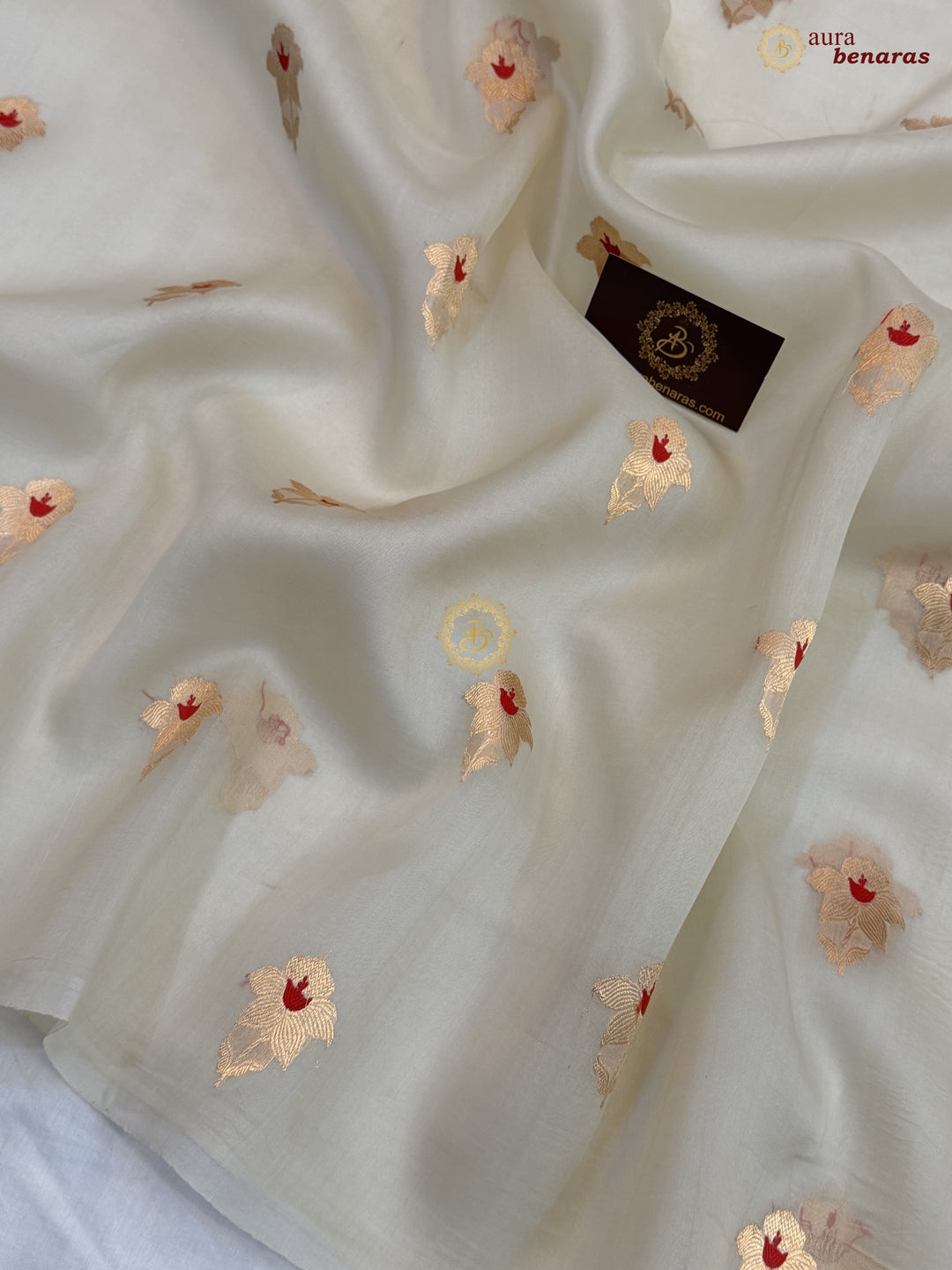 Off White Kora Silk Banarasi Saree with Sona Rupa Butis