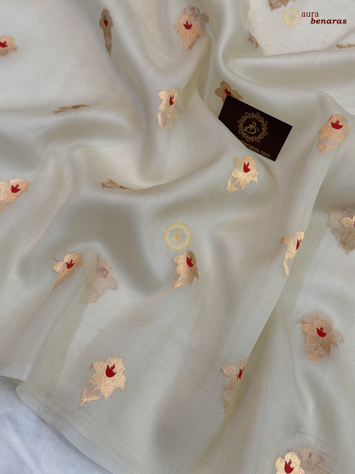 Off White Kora Silk Banarasi Saree with Sona Rupa Butis