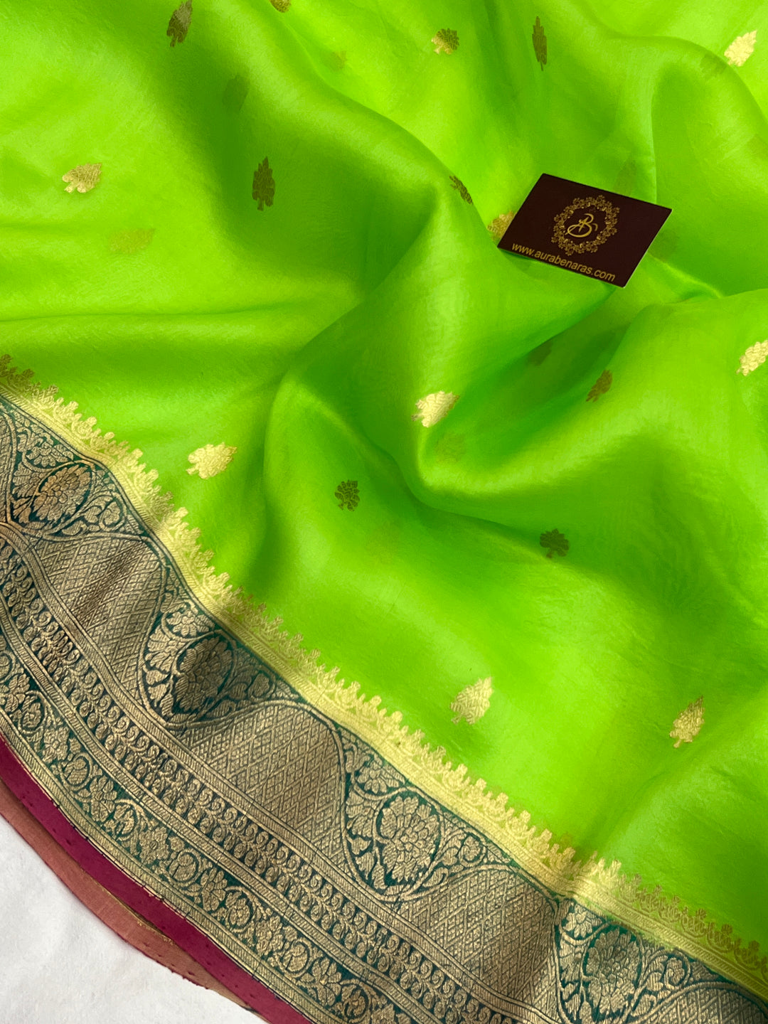 Parrot Green Banarasi Handloom Kora Silk Saree