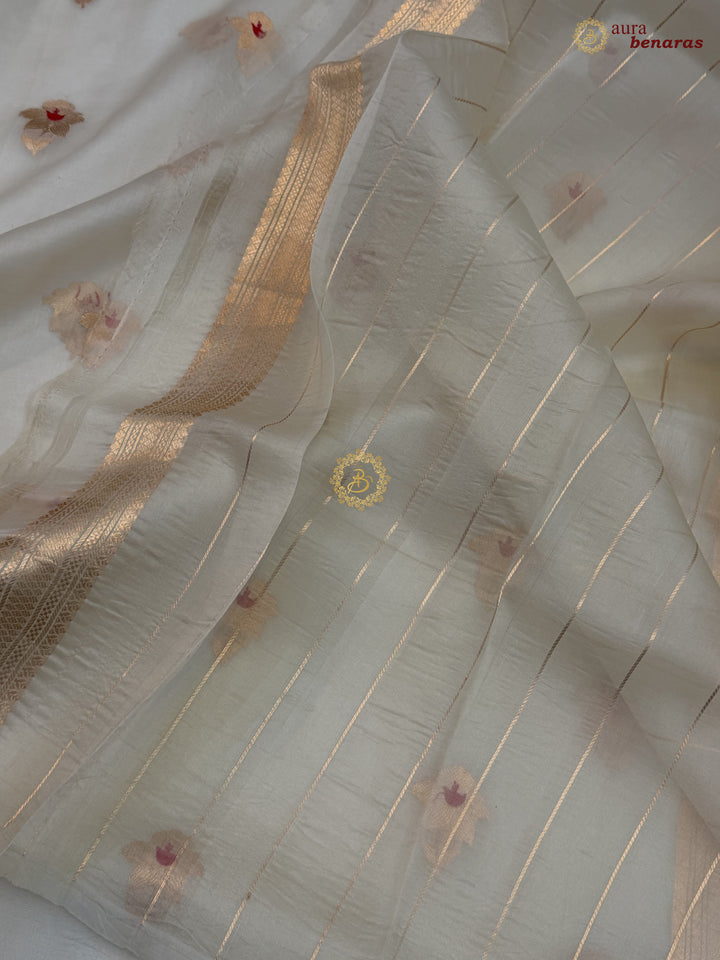 Off White Kora Silk Banarasi Saree with Sona Rupa Butis