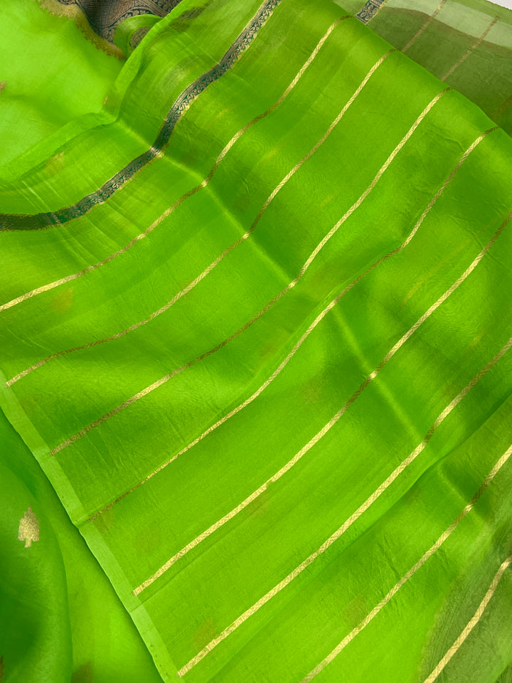 Parrot Green Banarasi Handloom Kora Silk Saree