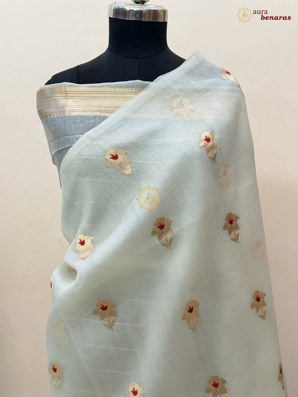 Off White Kora Silk Banarasi Saree with Sona Rupa Butis