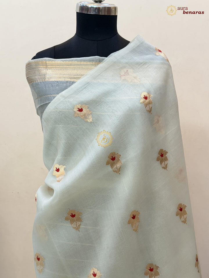 Off White Kora Silk Banarasi Saree with Sona Rupa Butis