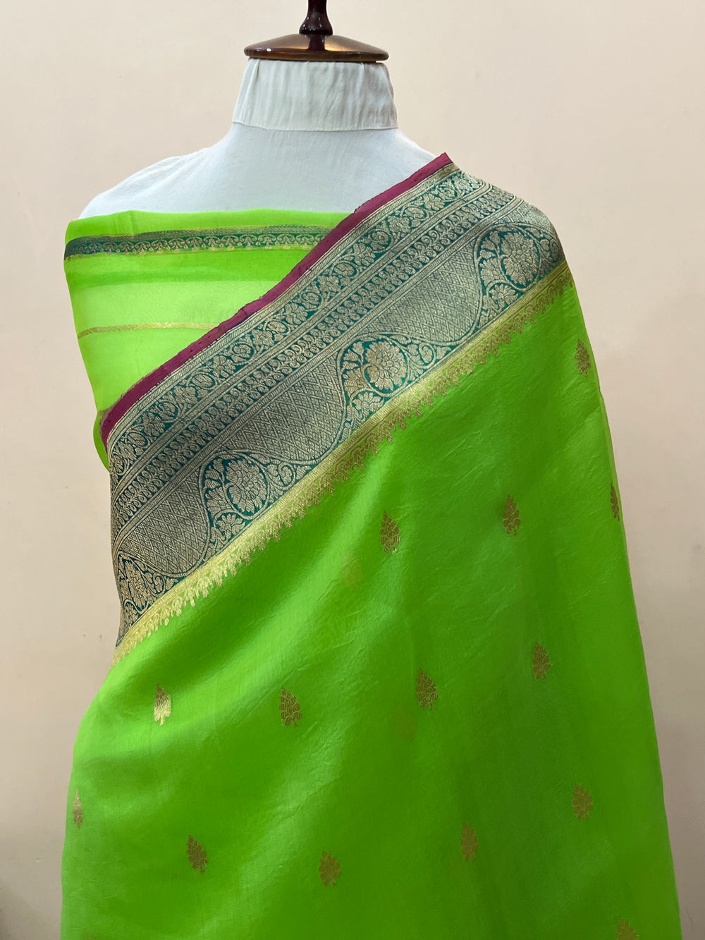 Parrot Green Banarasi Handloom Kora Silk Saree