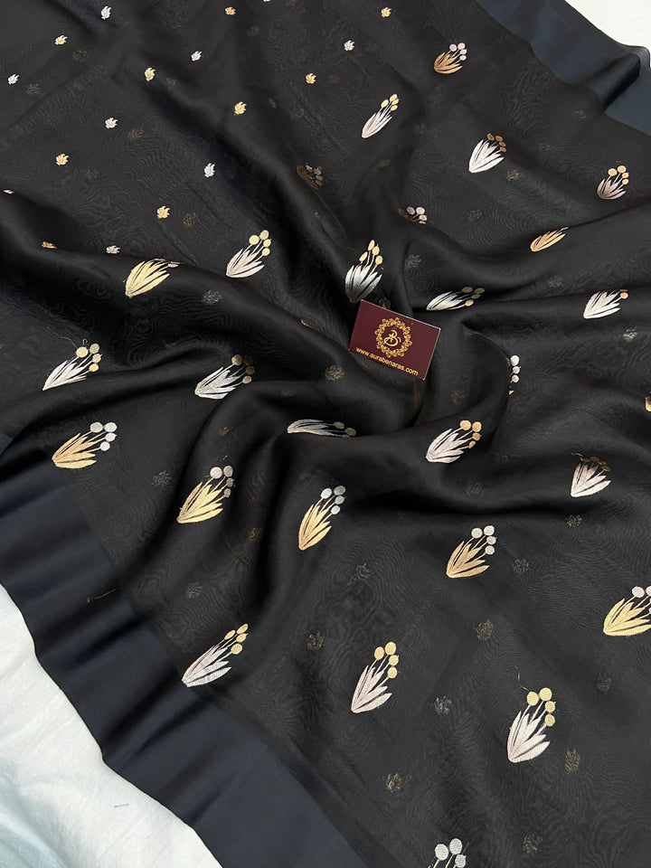 Black Pure Kora Silk Handloom Banarasi Saree with Sona Rupa Butas