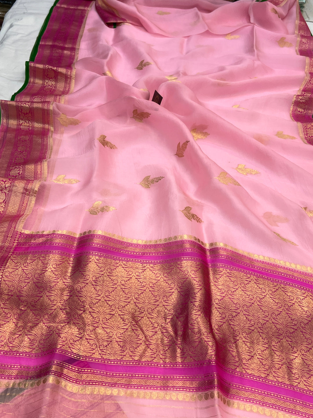Baby Pink Banarasi Handloom Kora Silk Saree