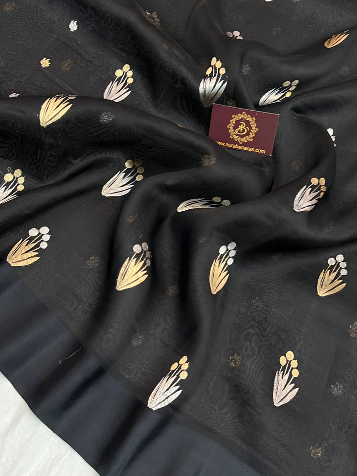 Black Pure Kora Silk Handloom Banarasi Saree with Sona Rupa Butas