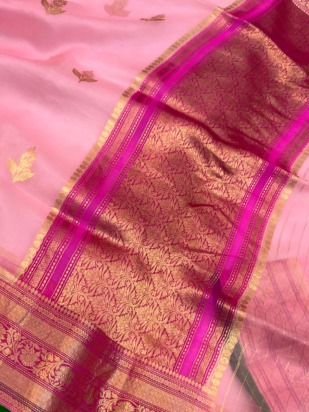 Baby Pink Banarasi Handloom Kora Silk Saree