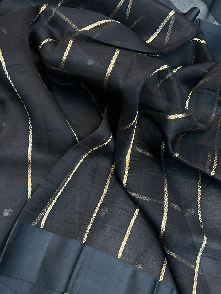 Black Pure Kora Silk Handloom Banarasi Saree with Sona Rupa Butas