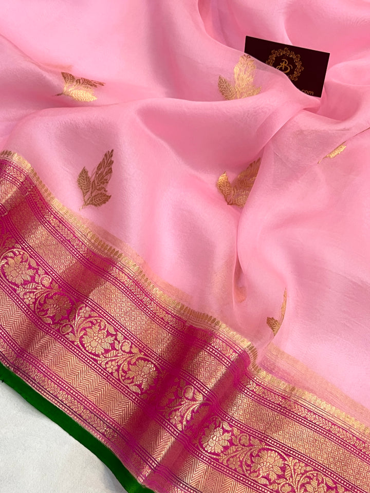 Baby Pink Banarasi Handloom Kora Silk Saree