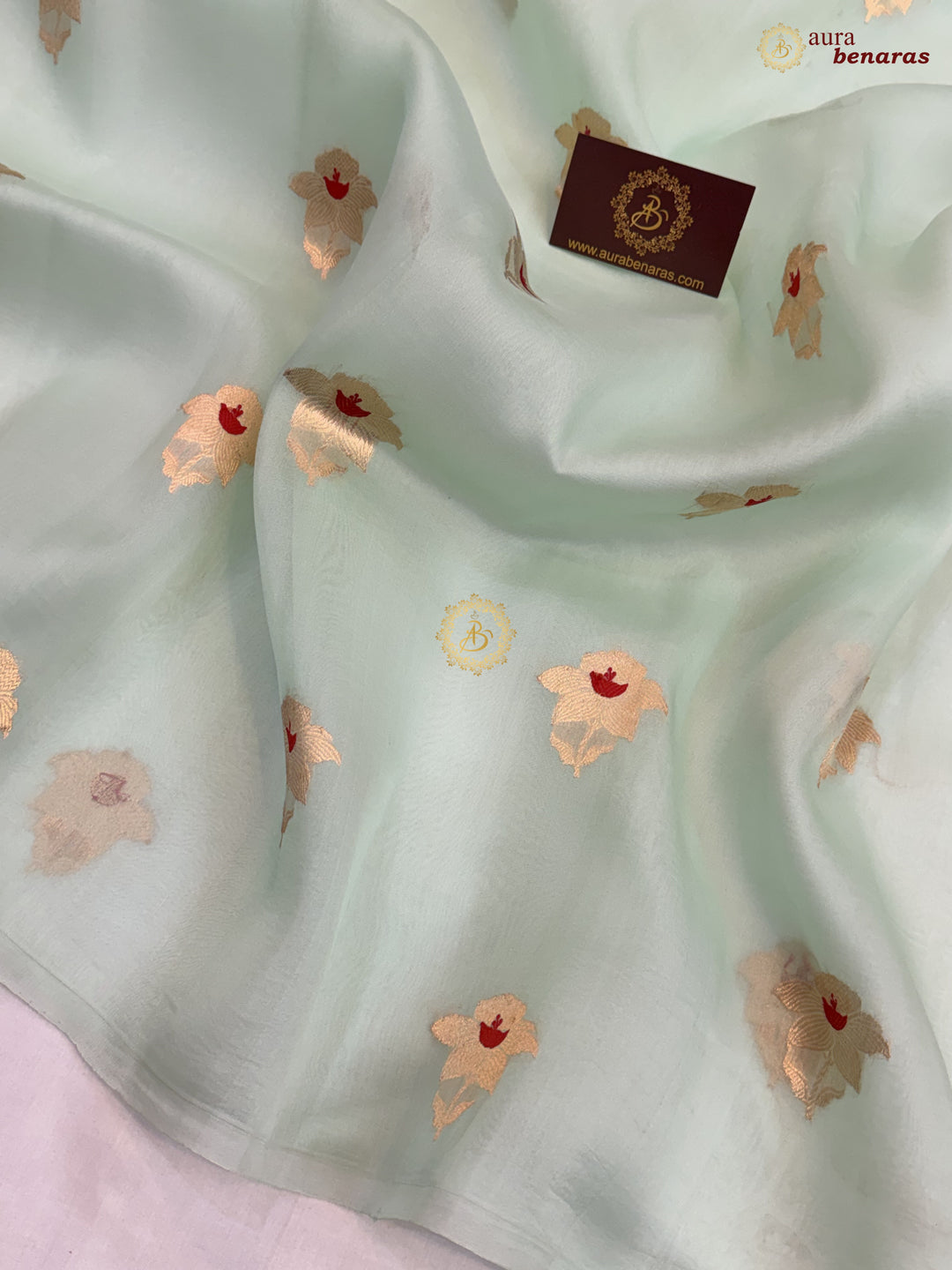 Mint Green Kora Silk Banarasi Saree with Sona Rupa Butis