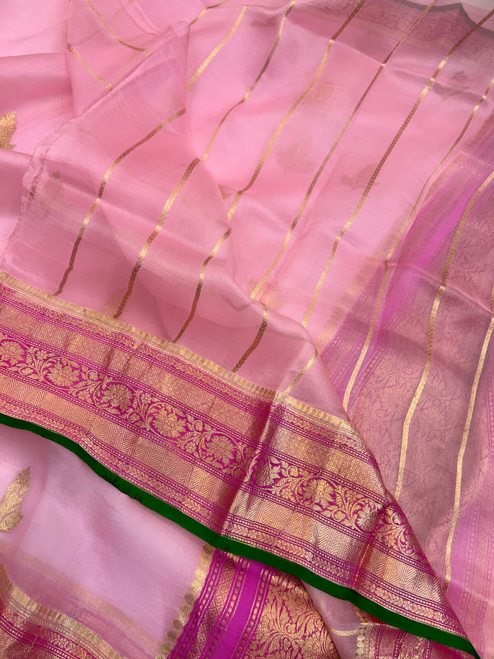 Baby Pink Banarasi Handloom Kora Silk Saree