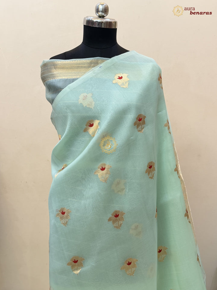 Mint Green Kora Silk Banarasi Saree with Sona Rupa Butis