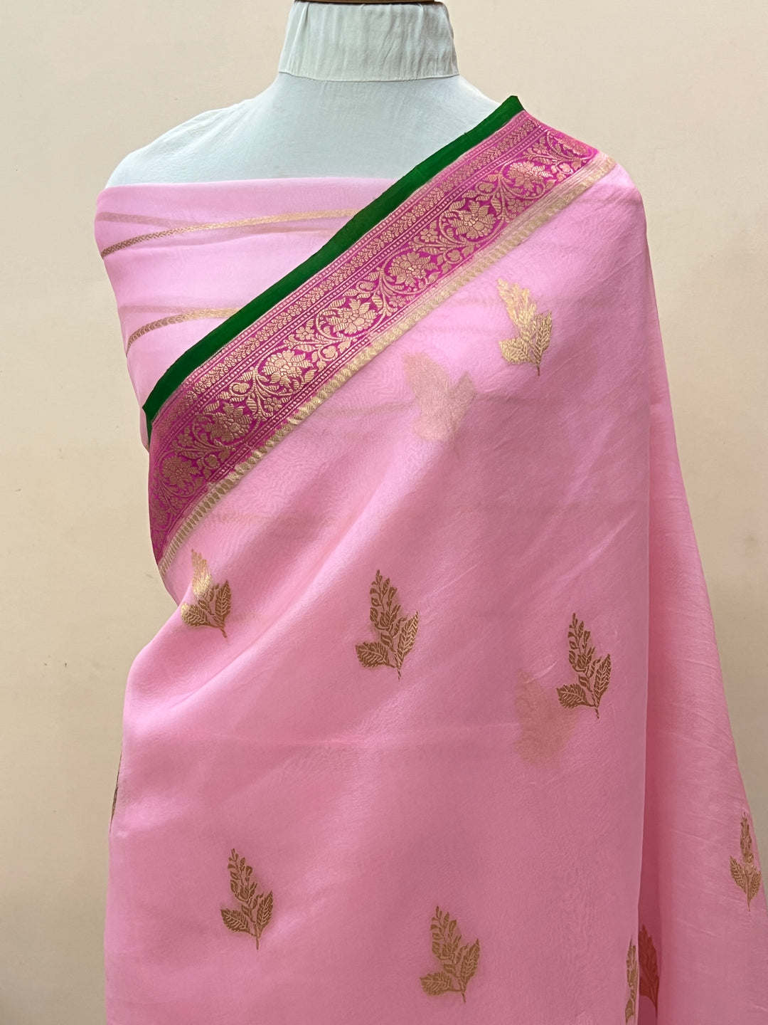 Baby Pink Banarasi Handloom Kora Silk Saree