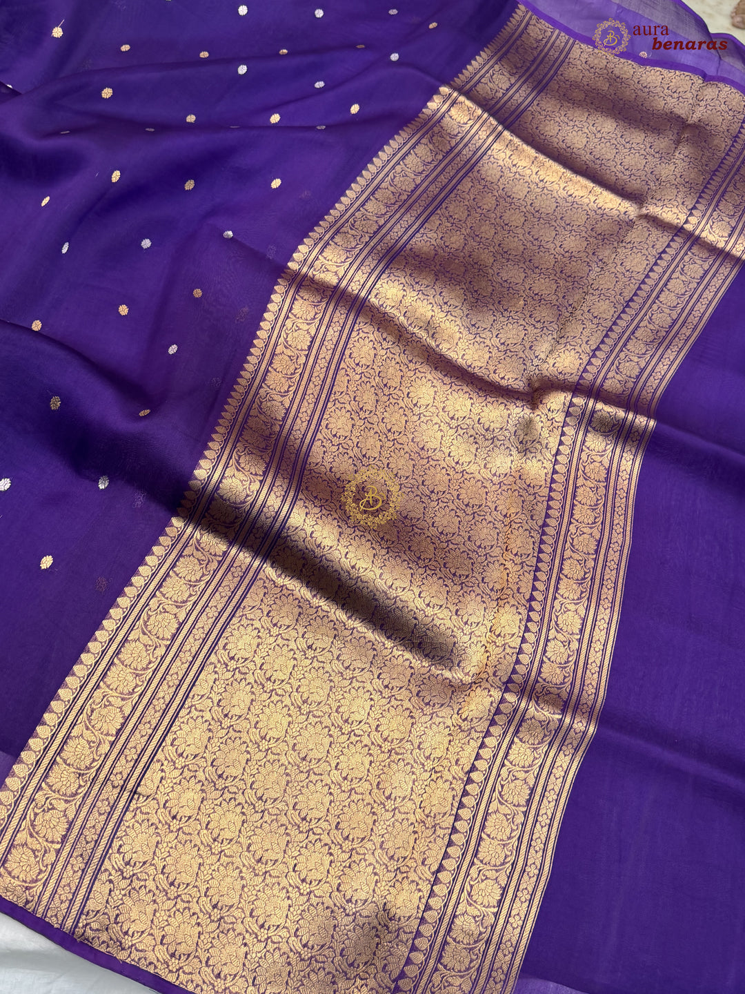 Deep Purple Kora Silk Banarasi Saree – Kadhwa Butis in Zari