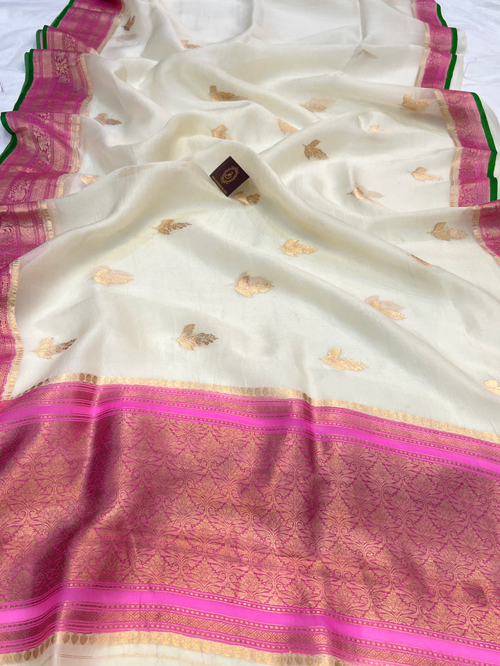 White Banarasi Handloom Kora Silk Saree
