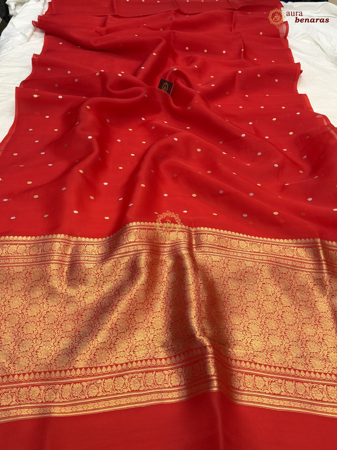 Red Kora Silk Banarasi Saree – Kadhwa Butis in Zari