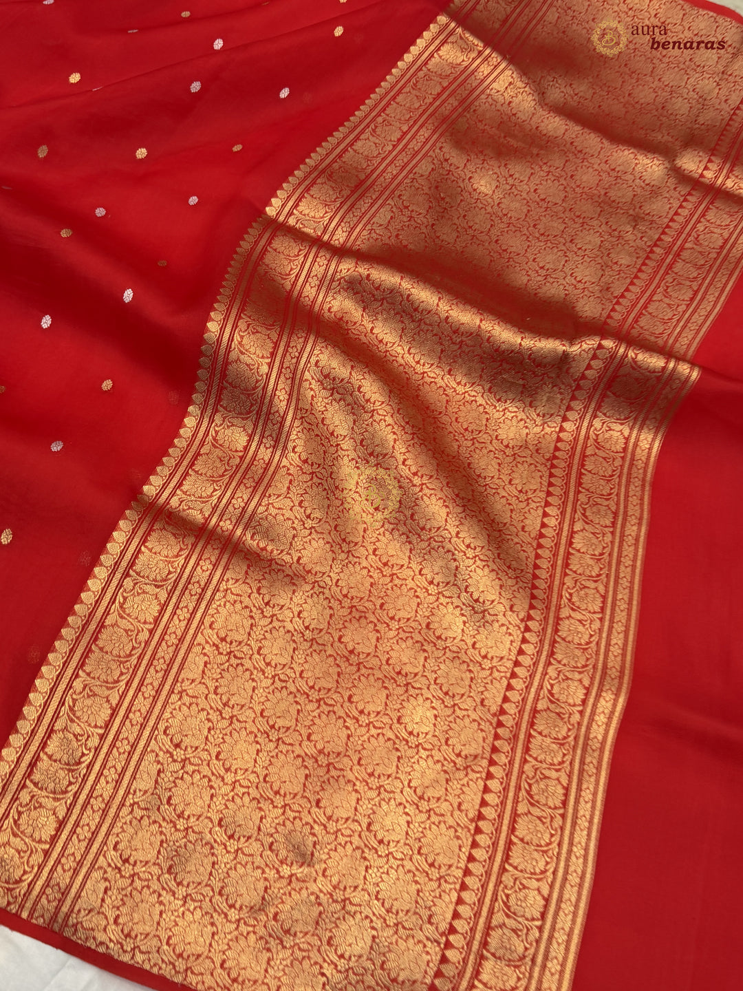Red Kora Silk Banarasi Saree – Kadhwa Butis in Zari