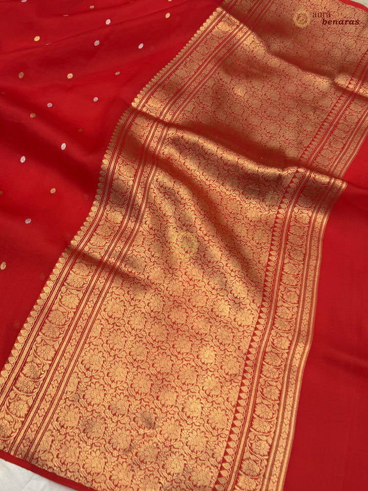 Red Kora Silk Banarasi Saree – Kadhwa Butis in Zari