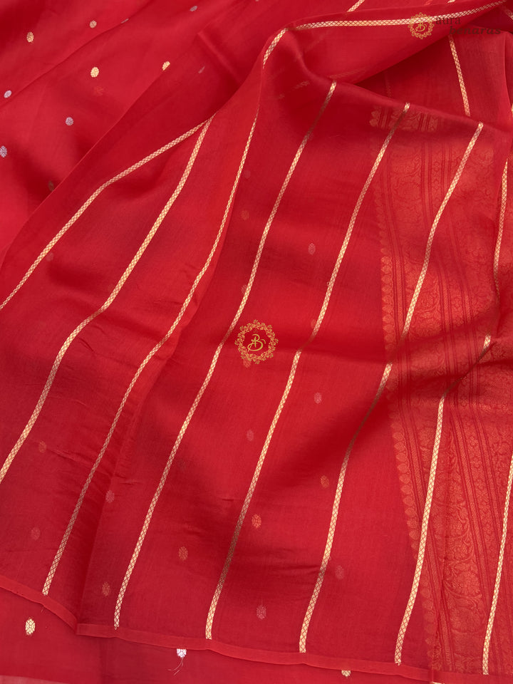 Red Kora Silk Banarasi Saree – Kadhwa Butis in Zari