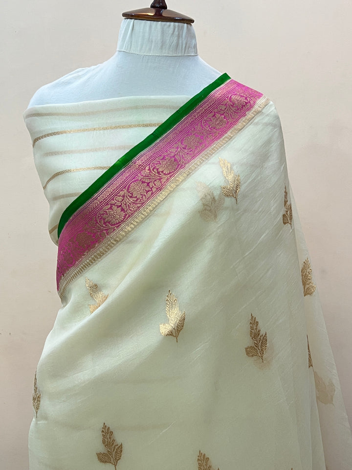 White Banarasi Handloom Kora Silk Saree