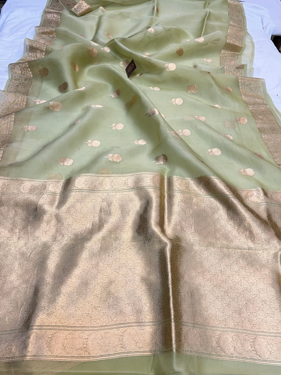 Olive Green Pure Kora Silk Handloom Banarasi Saree