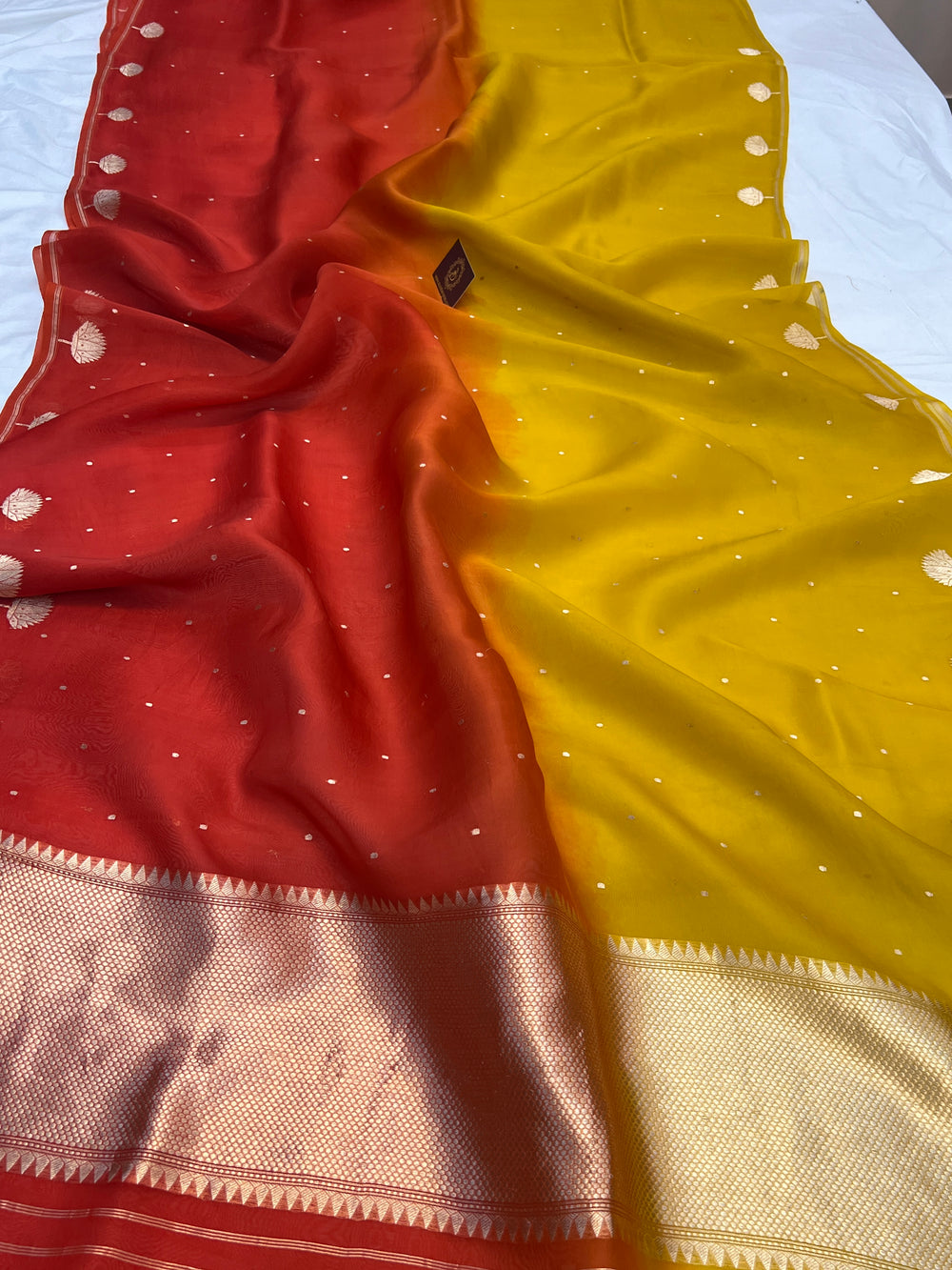 Yellow Orange Shaded Kora Silk Handloom Banarasi Saree 