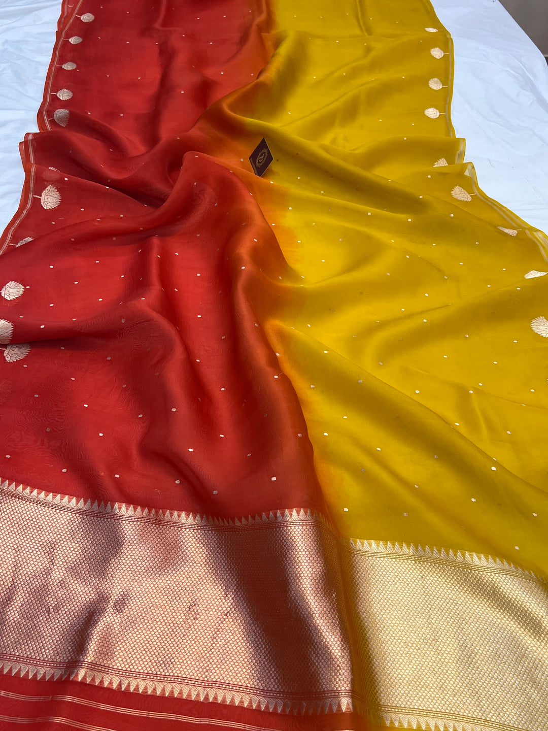 Yellow Orange Shaded Kora Silk Handloom Banarasi Saree 