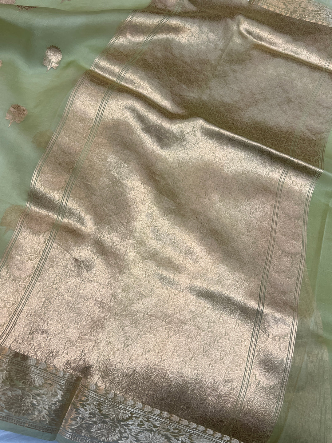 Olive Green Pure Kora Silk Handloom Banarasi Saree