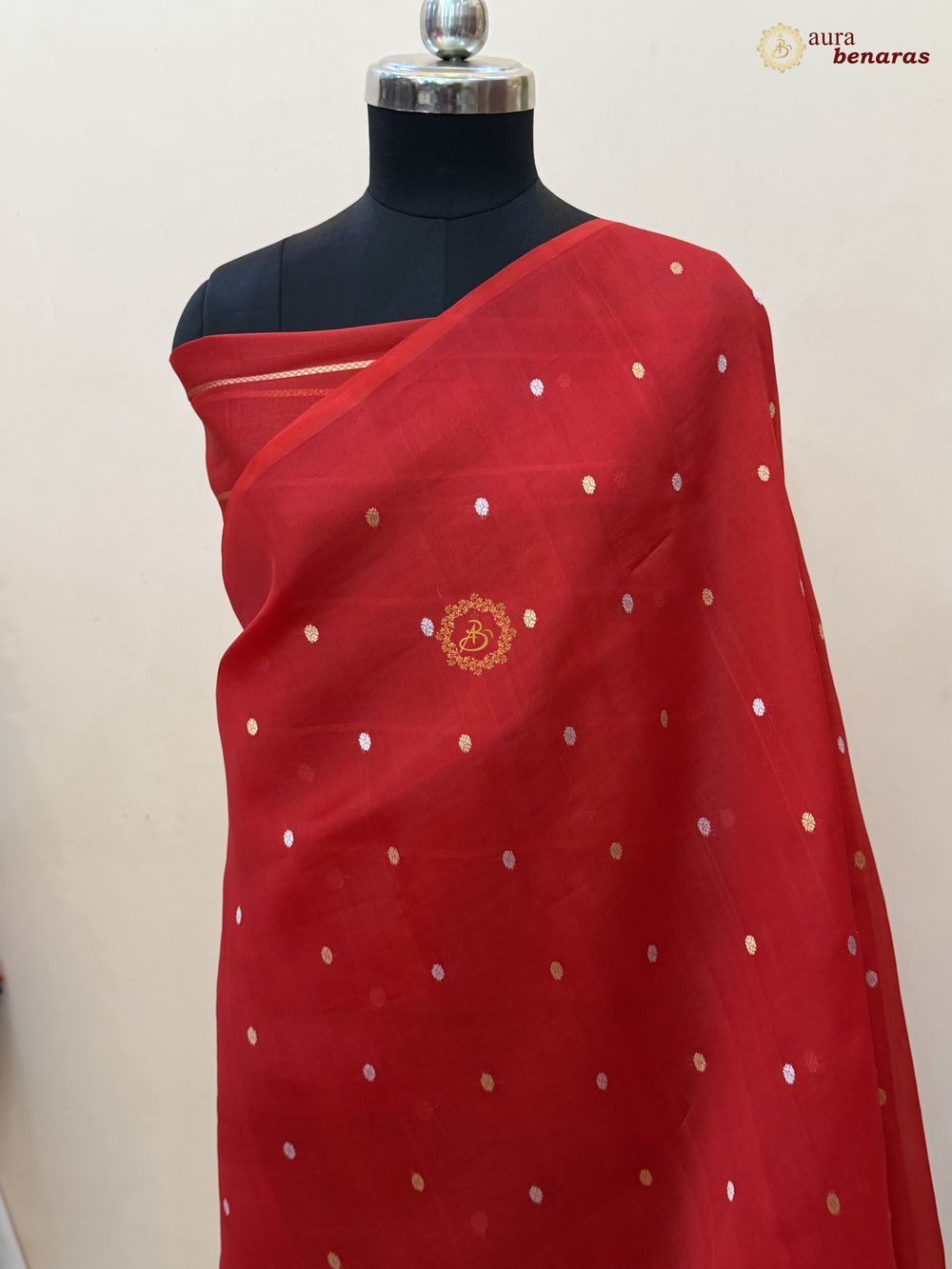 Red Kora Silk Banarasi Saree – Kadhwa Butis in Zari