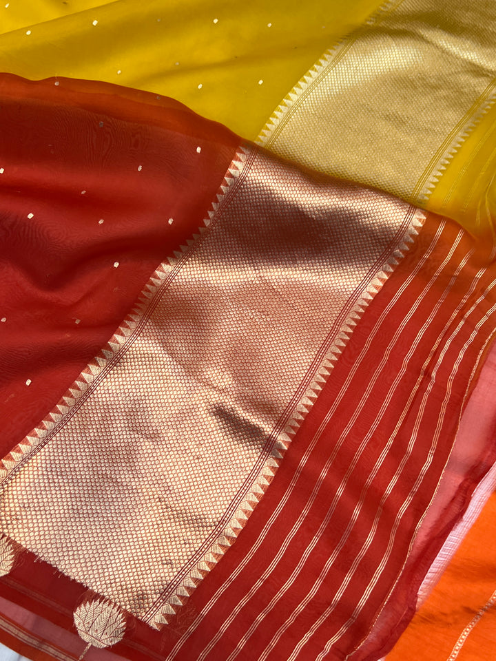 Yellow Orange Shaded Kora Silk Handloom Banarasi Saree 