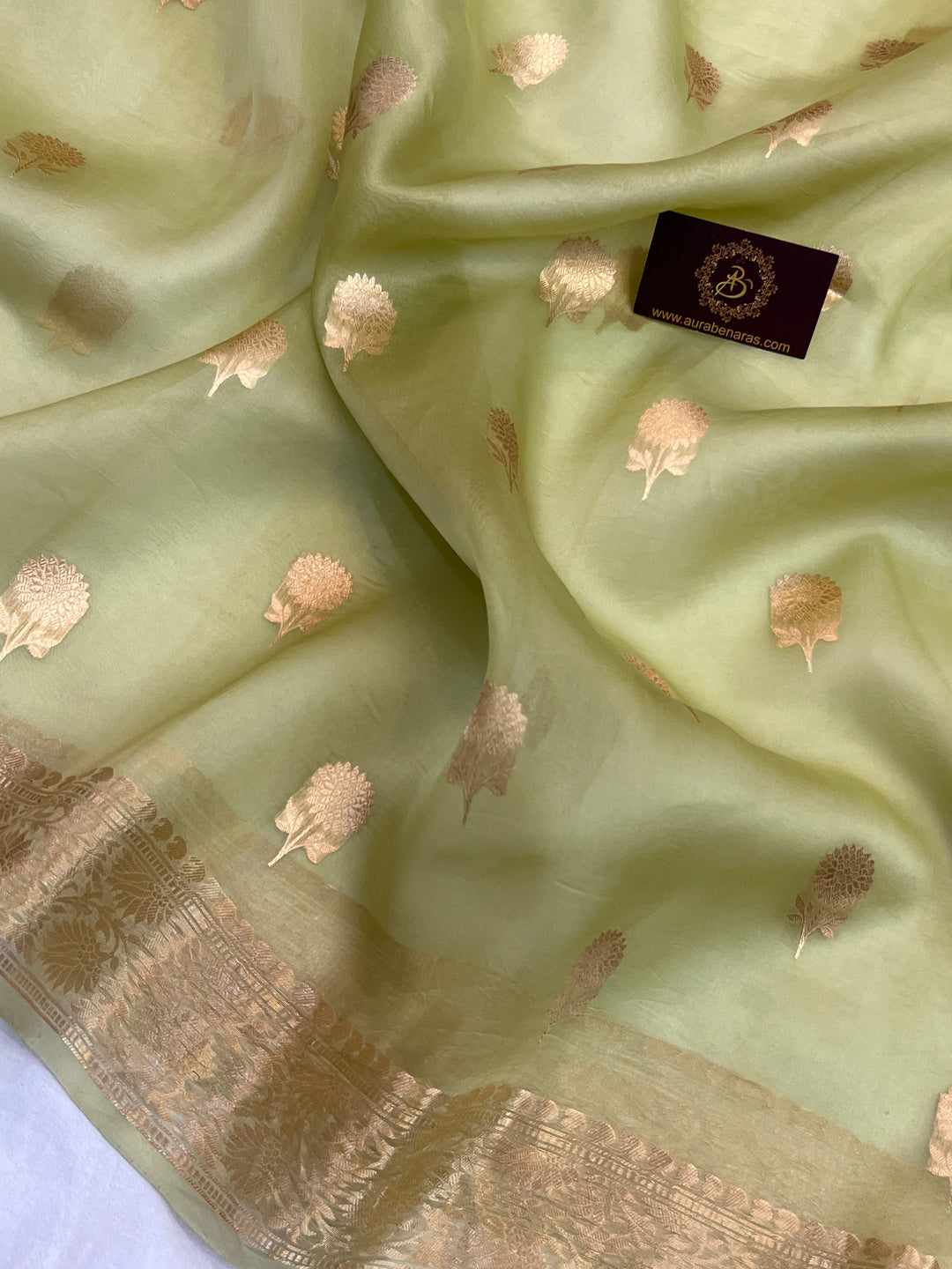 Olive Green Pure Kora Silk Handloom Banarasi Saree