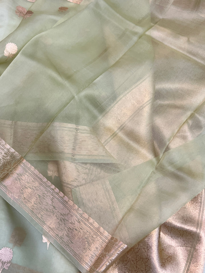Olive Green Pure Kora Silk Handloom Banarasi Saree