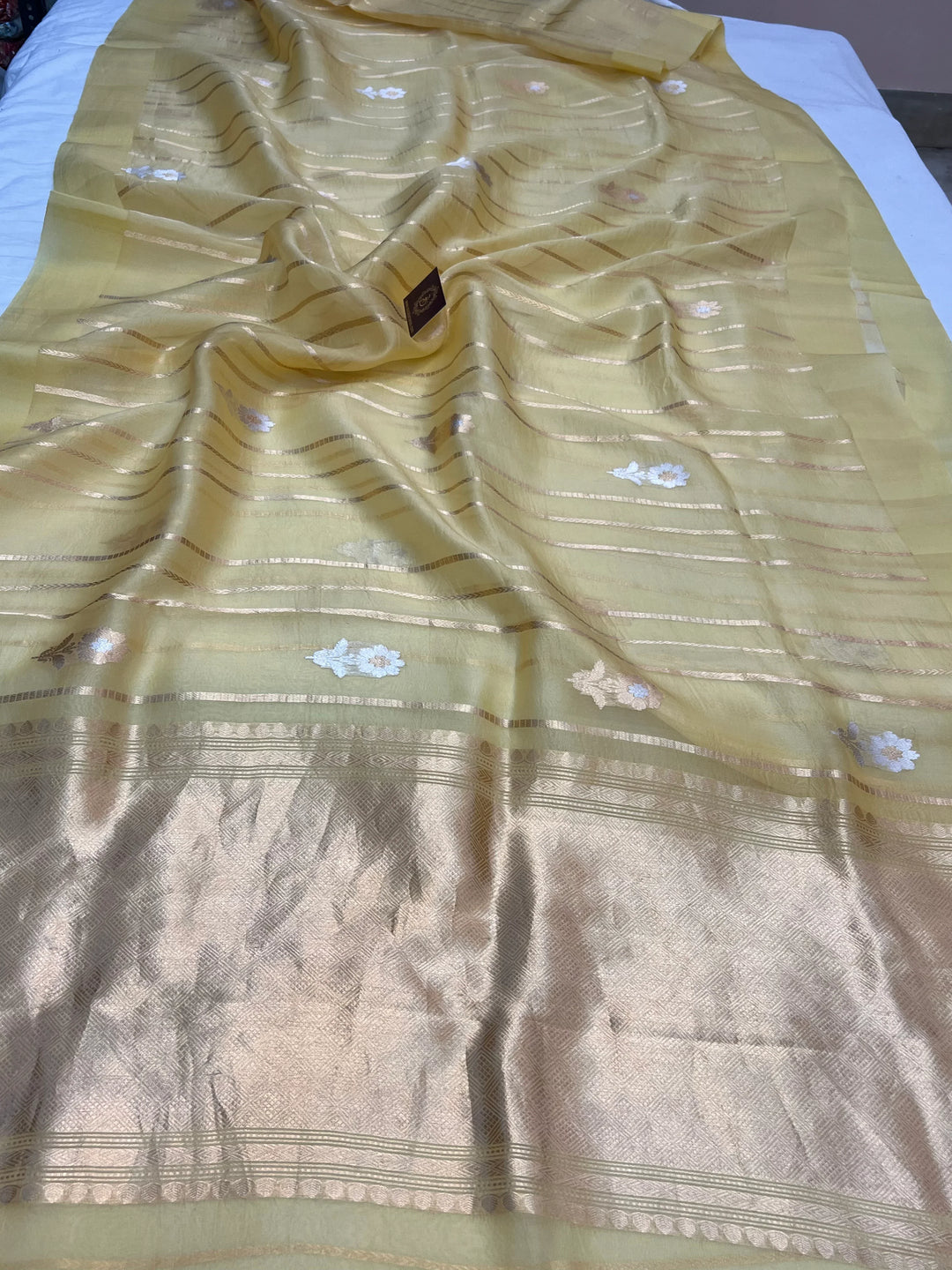 Pastel Yellow Banarasi Handloom Kora Silk Saree