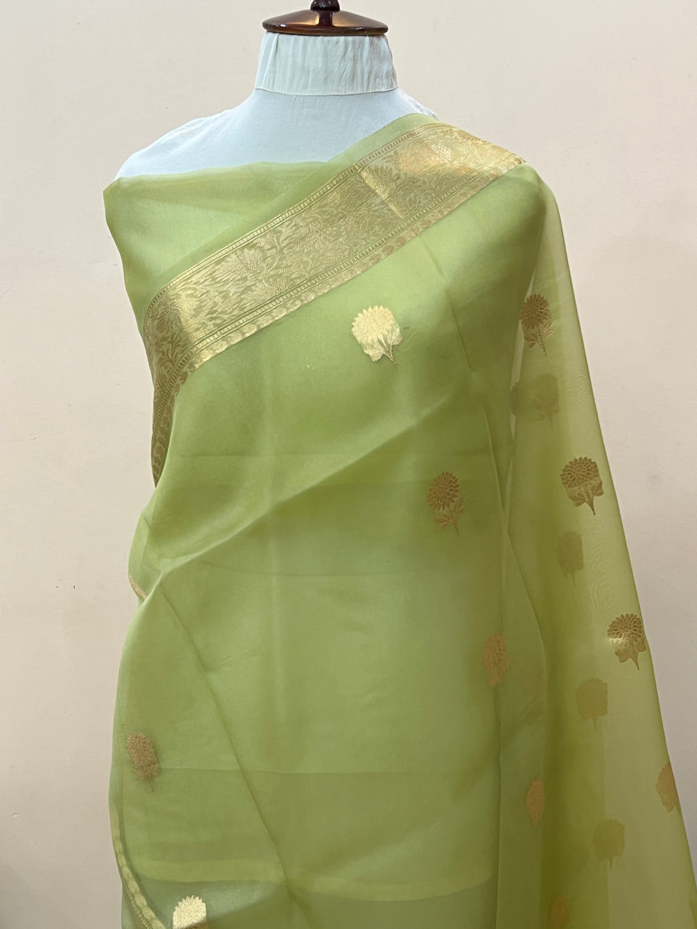 Olive Green Pure Kora Silk Handloom Banarasi Saree