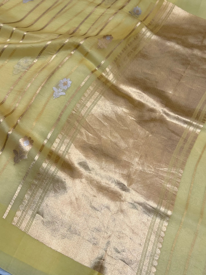 Pastel Yellow Banarasi Handloom Kora Silk Saree