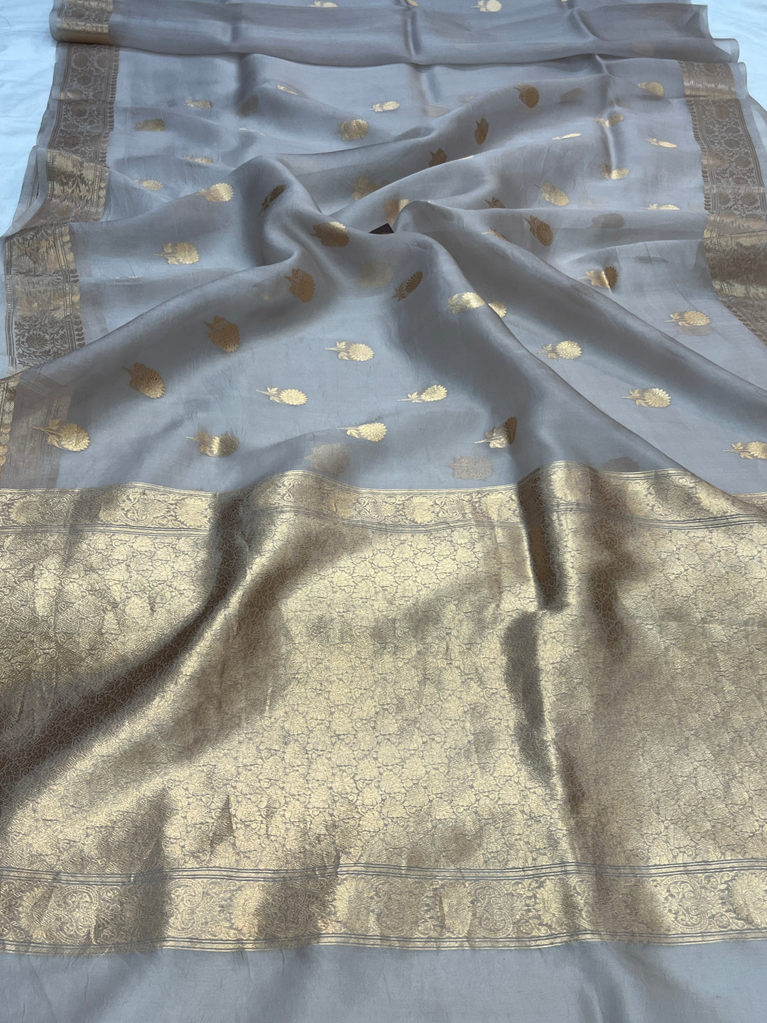 Ash Grey Pure Kora Silk Handloom Banarasi Saree