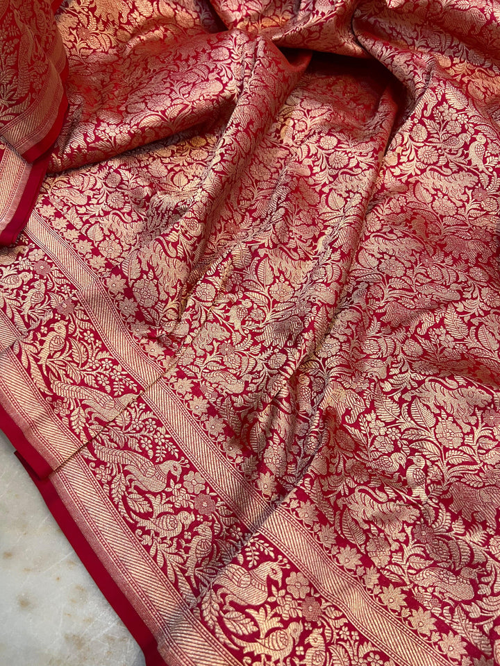 Cutwork weave detail on Katan silk fabric with traditional Shikargaah pattern