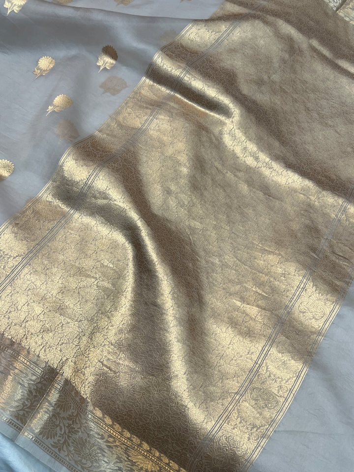 Ash Grey Pure Kora Silk Handloom Banarasi Saree