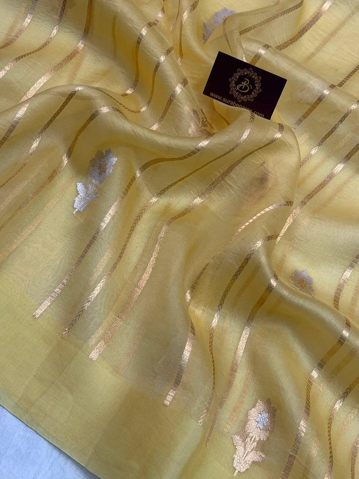 Pastel Yellow Banarasi Handloom Kora Silk Saree