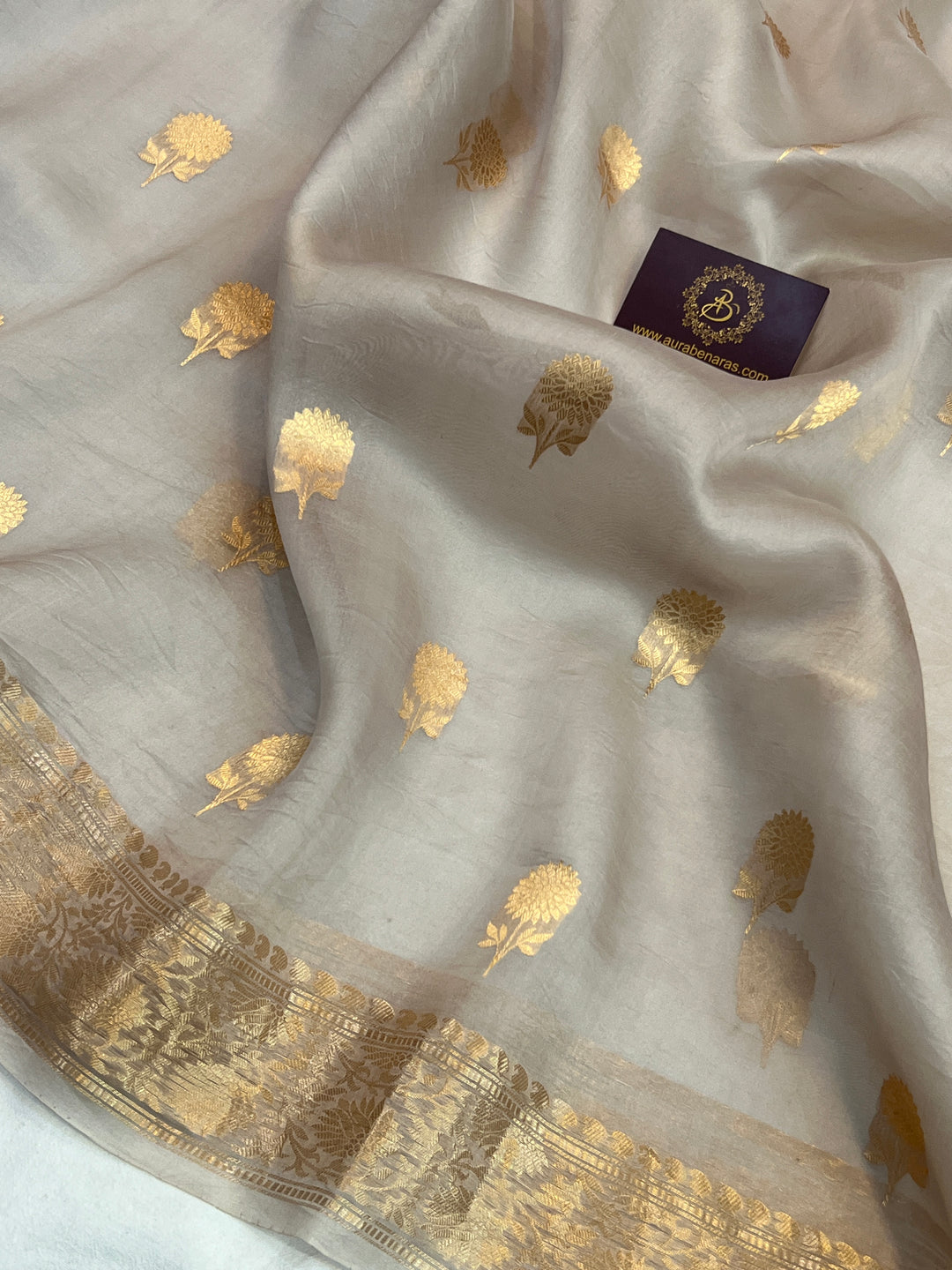 Ash Grey Pure Kora Silk Handloom Banarasi Saree
