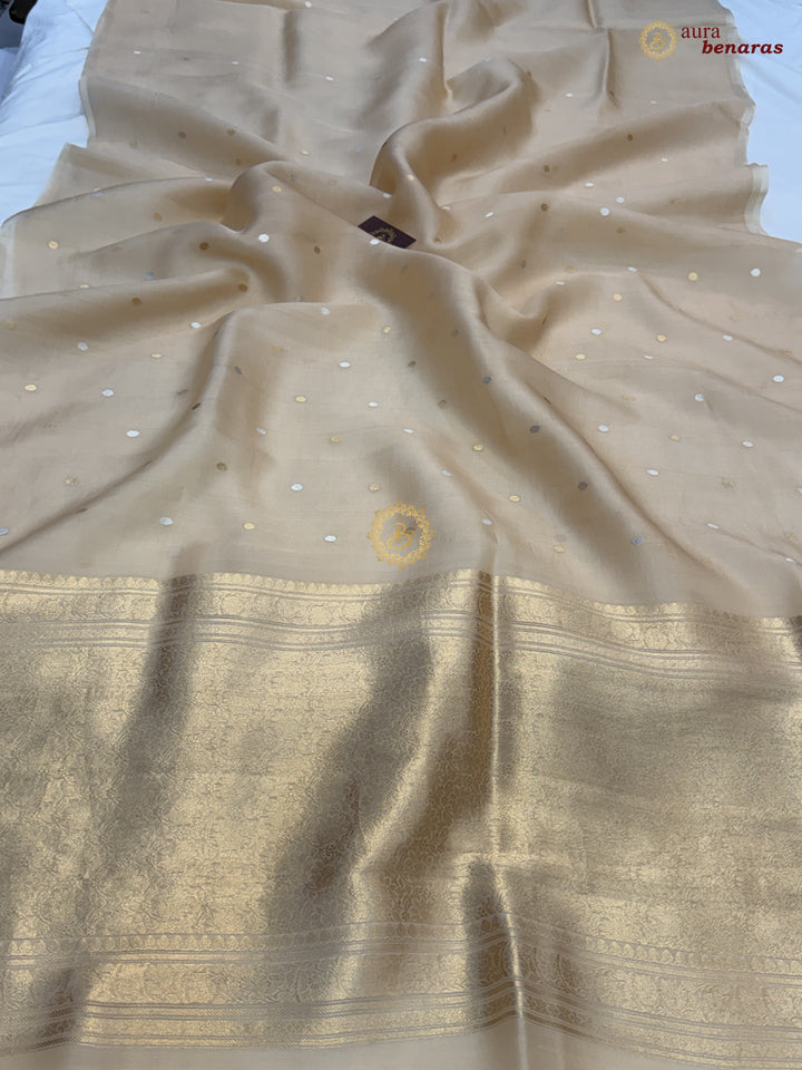 Cream Kora Silk Banarasi Saree – Kadhwa Butis in Zari