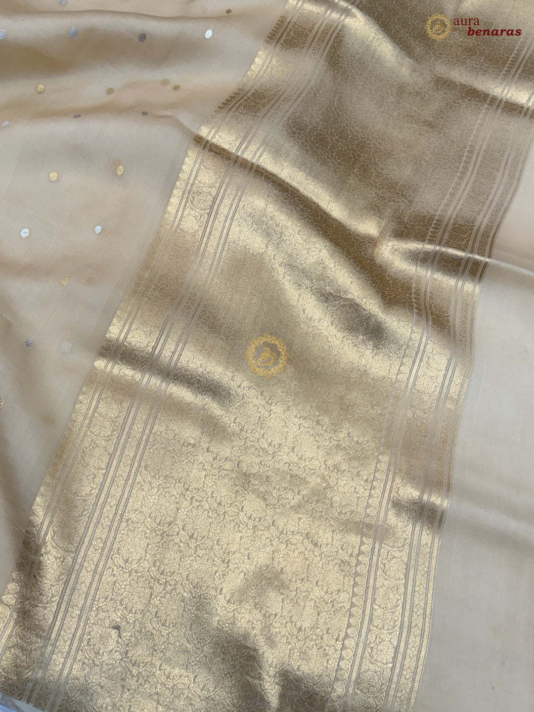 Cream Kora Silk Banarasi Saree – Kadhwa Butis in Zari