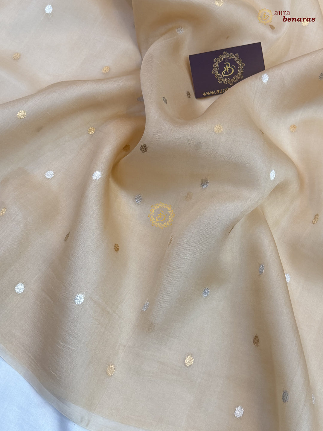 Cream Kora Silk Banarasi Saree – Kadhwa Butis in Zari