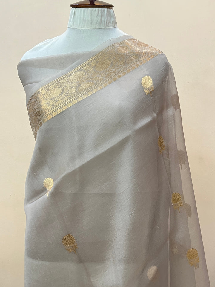 Ash Grey Pure Kora Silk Handloom Banarasi Saree